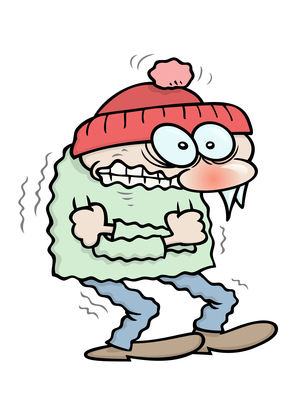 a shivering winter toon guy with icicles hanging from his nose, hugging himself to keep warm